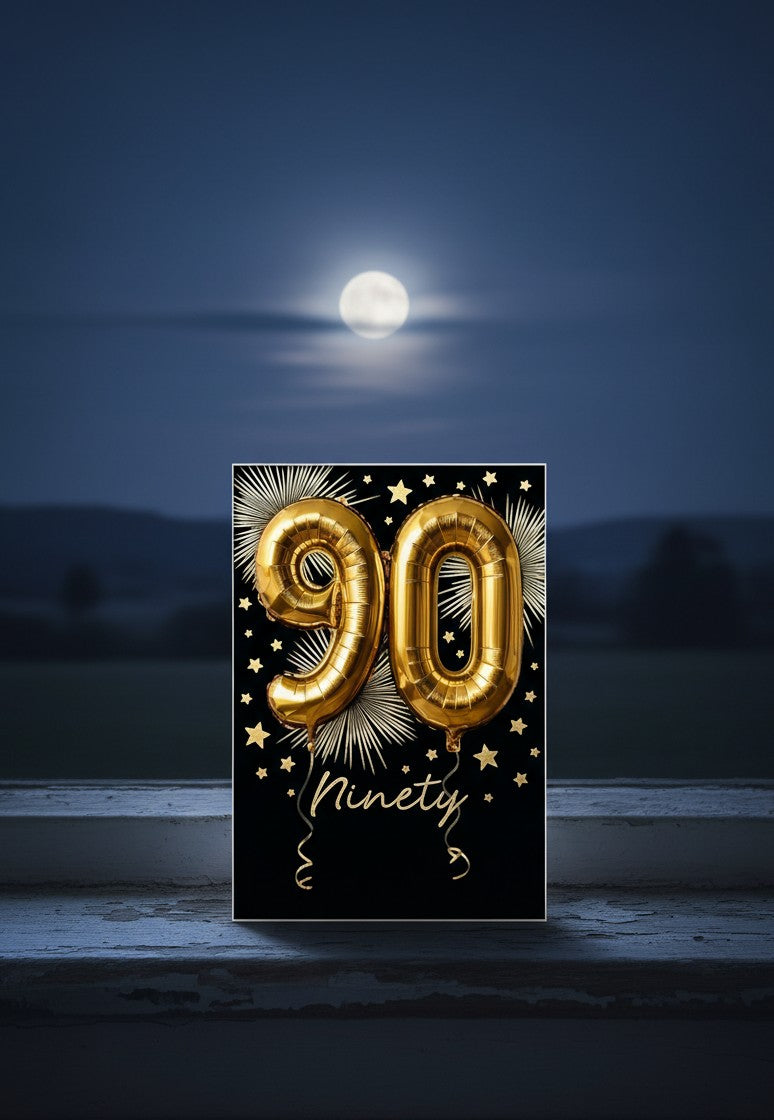 Made To Be Treasured Abacus 90th birthday card with gold foil balloon numbers on a black background with stars.