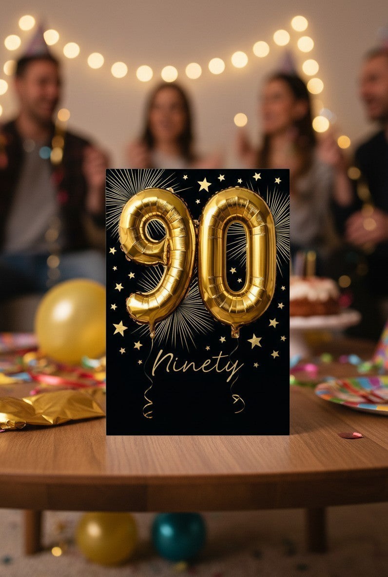 Made To Be Treasured Abacus 90th birthday card with gold foil balloon numbers on a black background with starbursts.