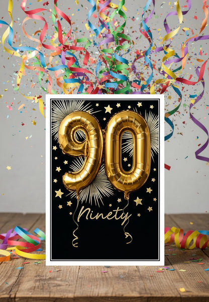 Made To Be Treasured Abacus 90th birthday card with gold foil balloon numbers on black background with confetti