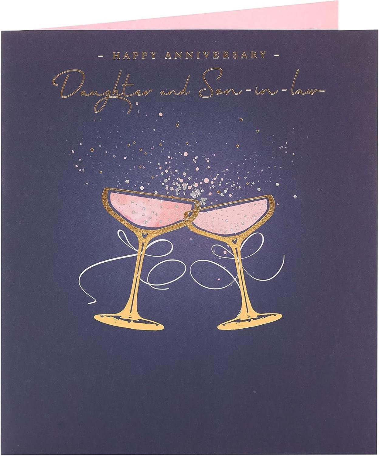 Made To Be Treasured anniversary card for daughter and son-in-law with gold foil champagne glasses on navy blue.