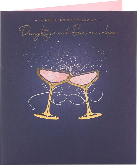 Made To Be Treasured anniversary card for daughter and son-in-law with gold foil champagne glasses on navy blue.
