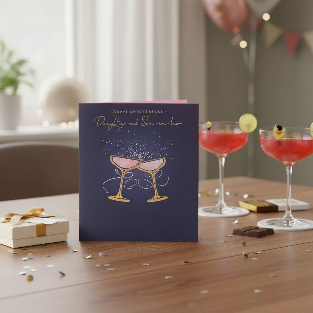 Made To Be Treasured navy blue anniversary card for daughter and son-in-law with gold foil champagne glass design.