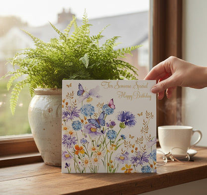 Made To Be Treasured 'For Someone Special' birthday card with blue allium flowers, daisies, and butterflies, gold foil details. Recyclable.