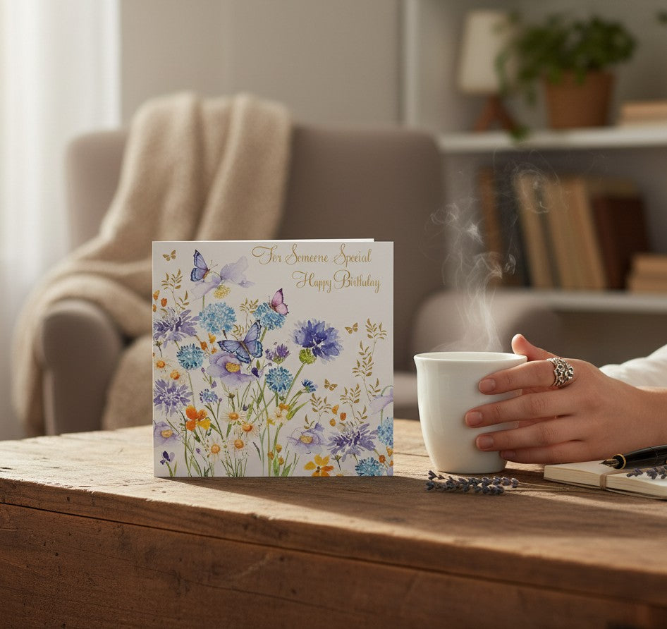 Made To Be Treasured 'For Someone Special' birthday card with blue allium flowers, daisies, and butterflies, gold foil details. Recyclable.