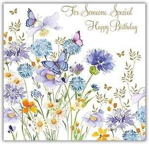 Made To Be Treasured 'For Someone Special' birthday card with blue allium flowers, daisies, and butterflies, featuring gold foil details.