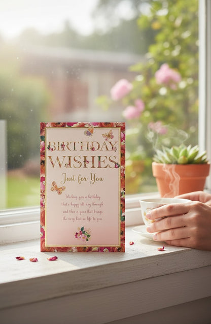 Made To Be Treasured birthday card with pastel butterflies and floral accents. Features "Birthday Wishes Just for You" text.