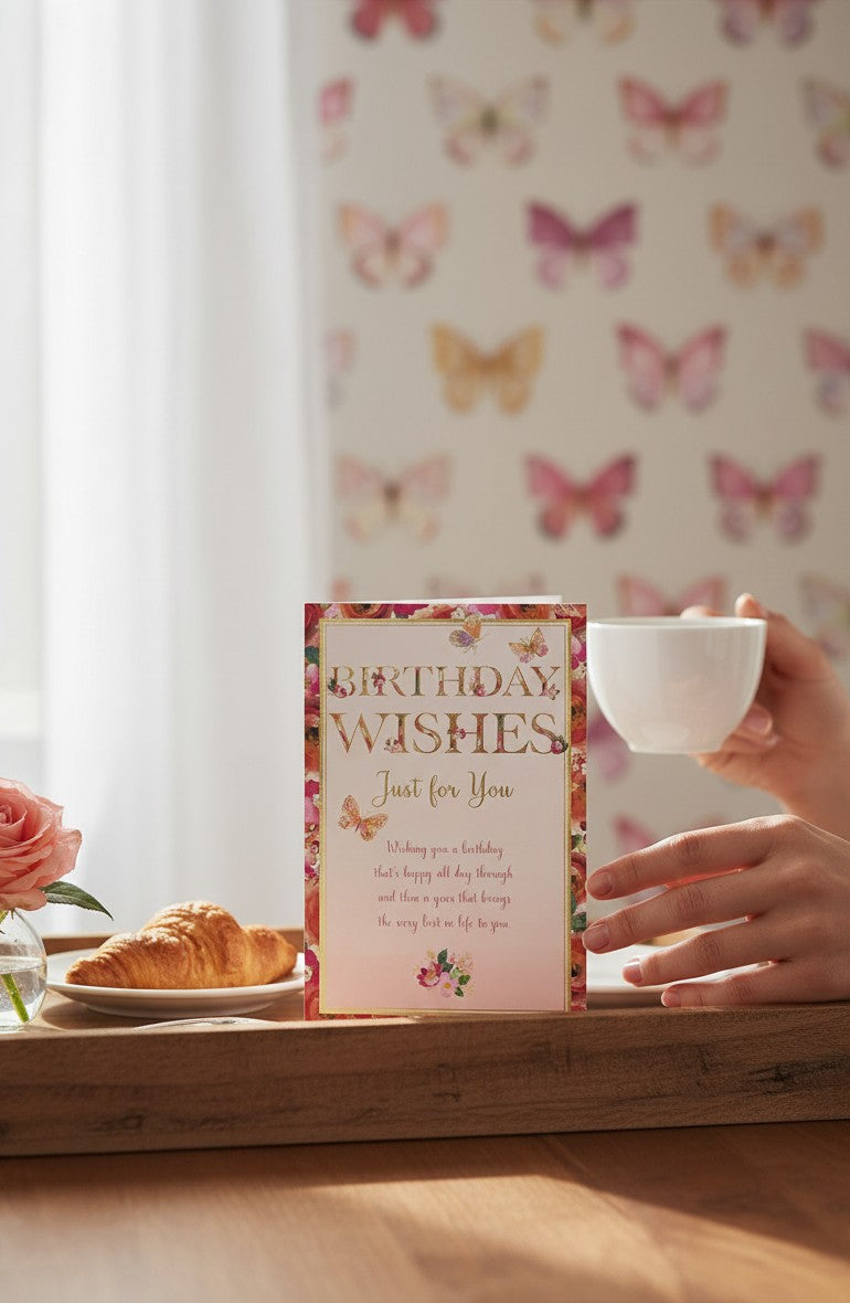 Made To Be Treasured birthday card with pastel butterflies and floral accents. Features "Birthday Wishes Just for You" text.