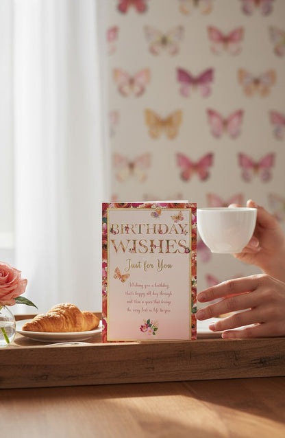 Made To Be Treasured birthday card with pastel butterflies and floral accents. Features "Birthday Wishes Just for You" text.