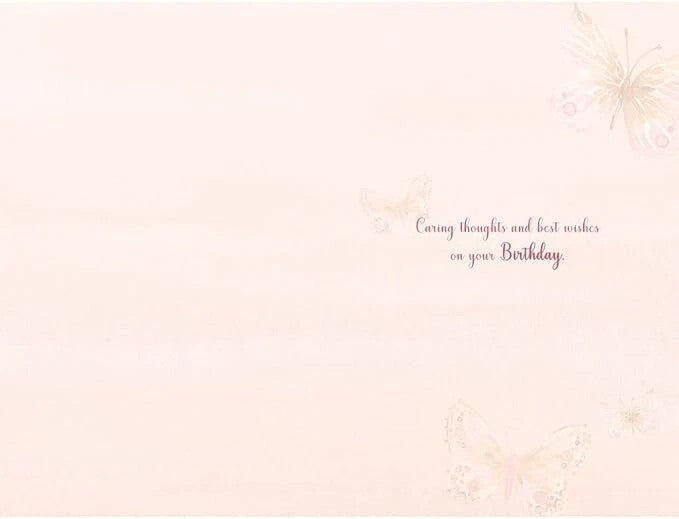 Made To Be Treasured birthday card with pastel butterflies and "Caring thoughts and best wishes on your Birthday" text.