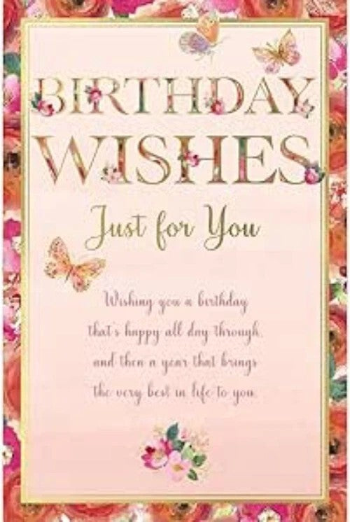 Made To Be Treasured birthday card with pastel butterflies and floral border. Features gold lettering and a heartfelt message.