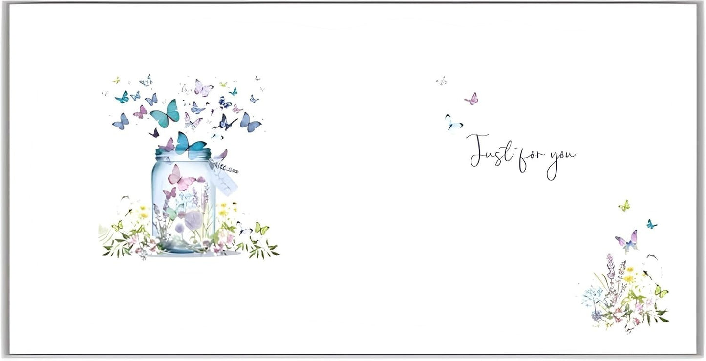 Made To Be Treasured 'Happy Birthday' card with butterfly jar illustration and silver foil finish. Features butterflies escaping a jar with floral accents.