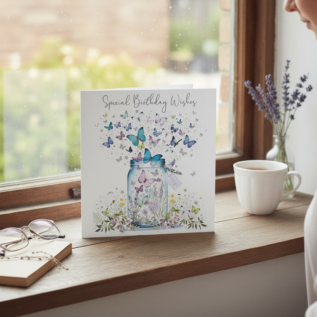 Made To Be Treasured 'Happy Birthday' card with butterfly jar illustration and silver foil finish. Eco-friendly.