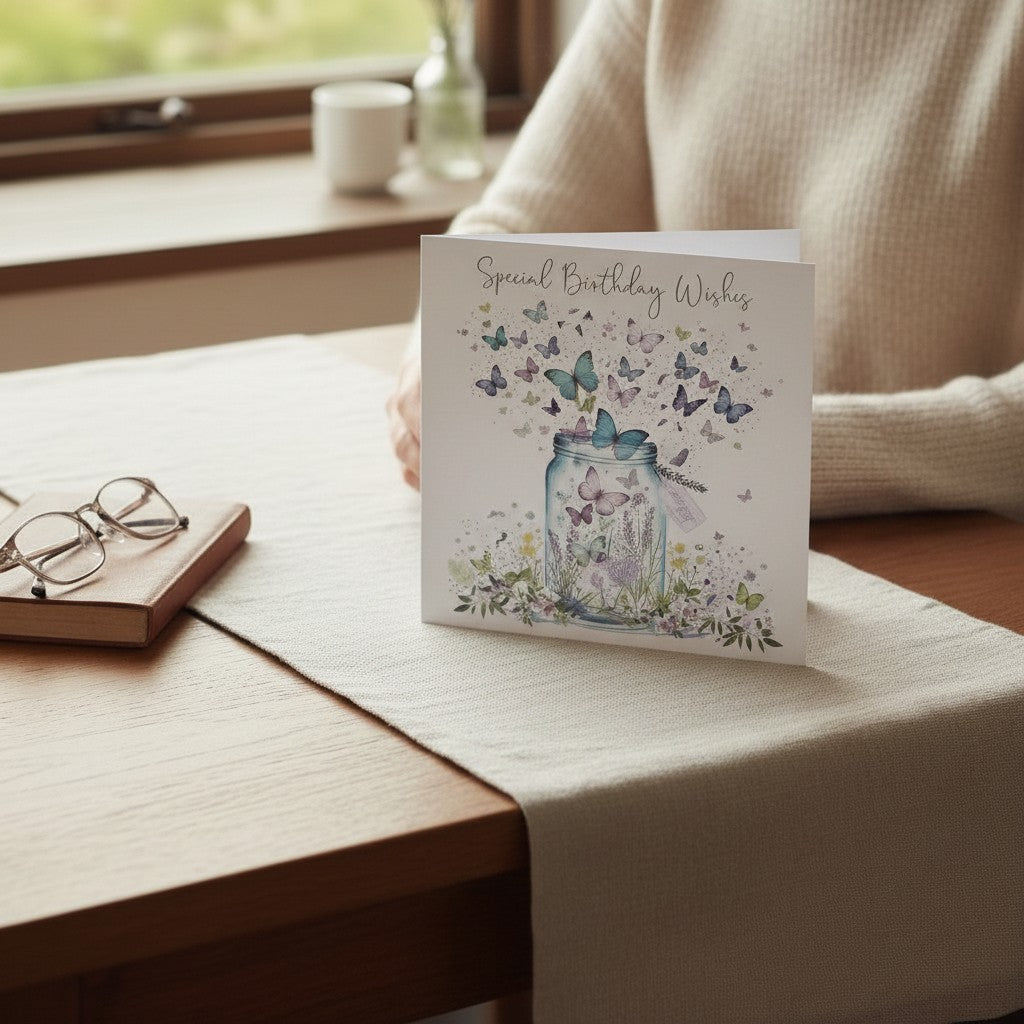 Made To Be Treasured 'Happy Birthday' card with butterfly jar illustration and silver foil finish. Eco-friendly card.