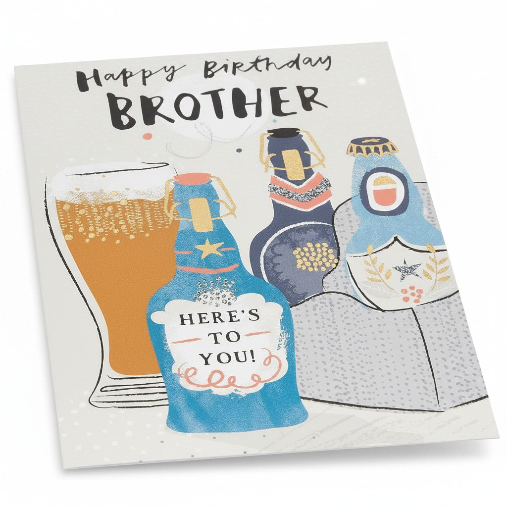 Made To Be Treasured Happy Birthday Brother card with beer bottles and a pint glass, featuring gold foil accents.