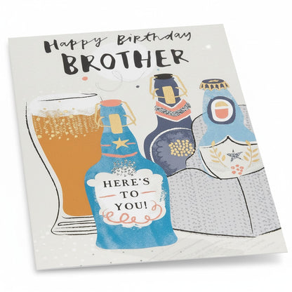 Made To Be Treasured Happy Birthday Brother card with beer bottles and a pint glass, featuring gold foil accents.