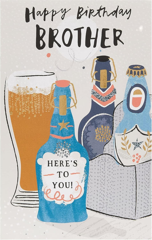 Made To Be Treasured Happy Birthday Brother card with a beer glass and bottles, featuring gold foil accents.