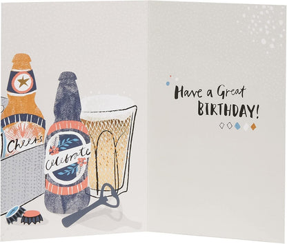 Made To Be Treasured birthday card for brother featuring beer bottles, a pint glass, and bottle caps. Gold foil accents. Message inside: Have a Great Birthday!