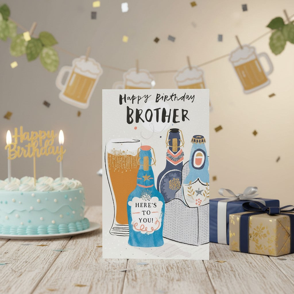 Made To Be Treasured Happy Birthday Brother card with beer bottles and a pint glass, featuring gold foil accents.