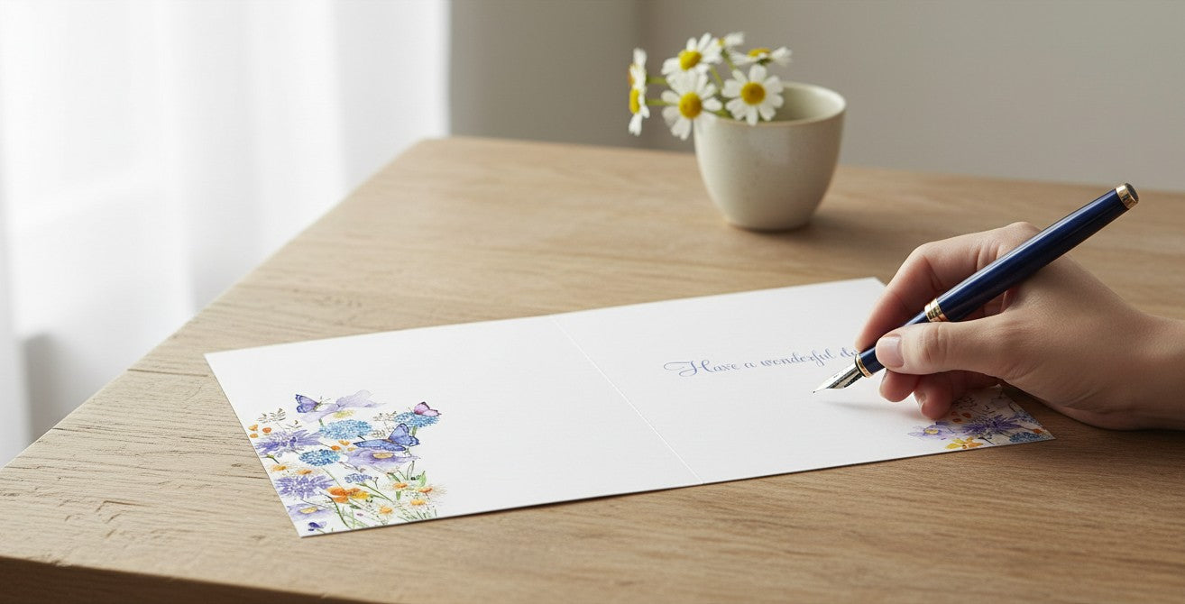 Made To Be Treasured greeting card with blue allium, daisies, and butterflies. Gold foil details. Message: Have a wonderful day.