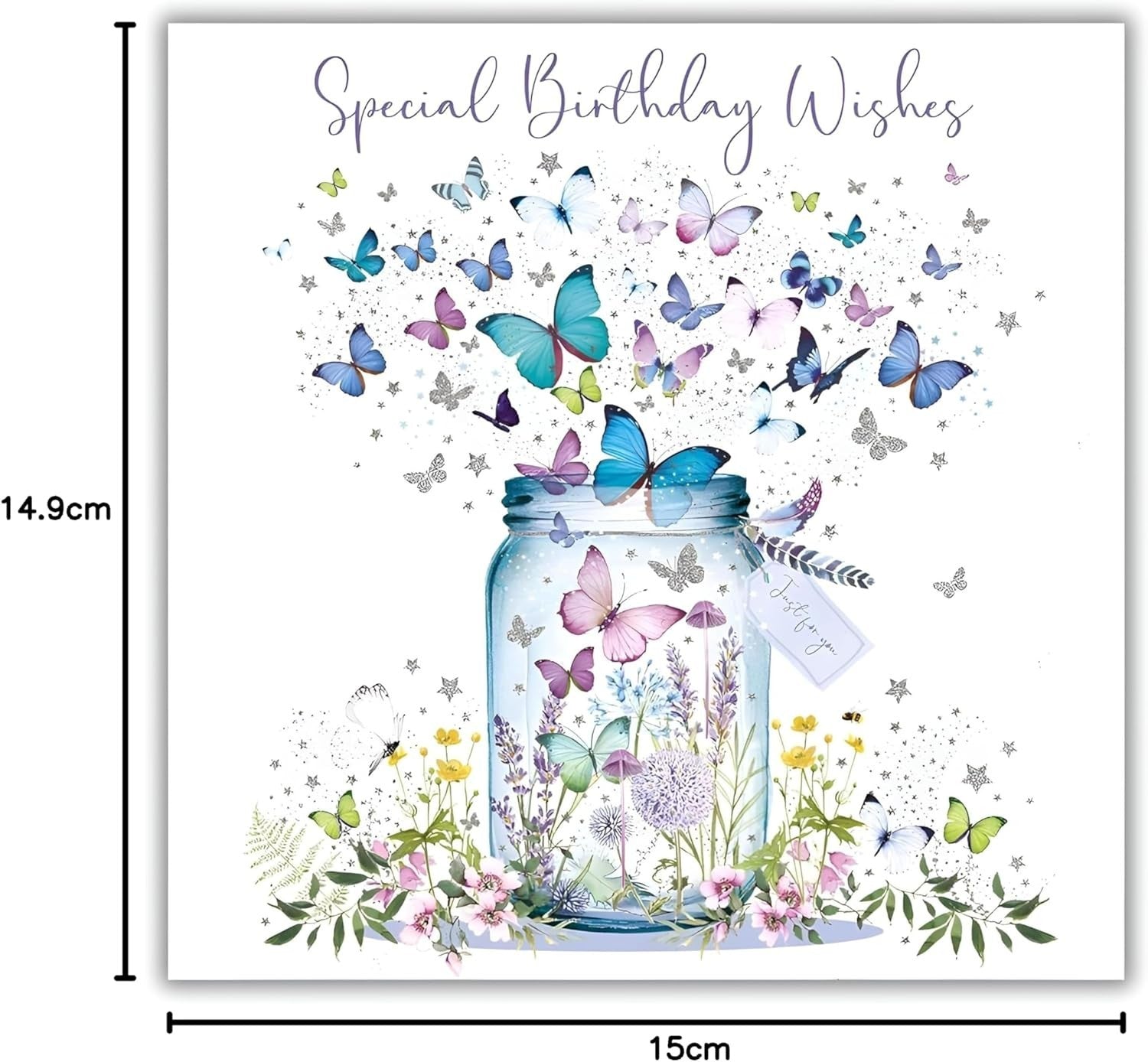 Made To Be Treasured 'Happy Birthday' card with butterfly jar illustration and silver foil finish. Features butterflies in blue, pink, and purple emerging from a jar.