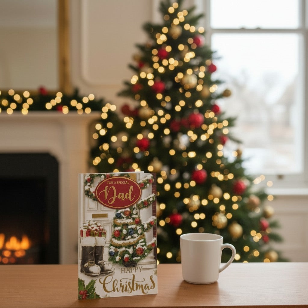 Made To Be Treasured Christmas card for Dad with a festive door, tree, and boots design with gold foil.