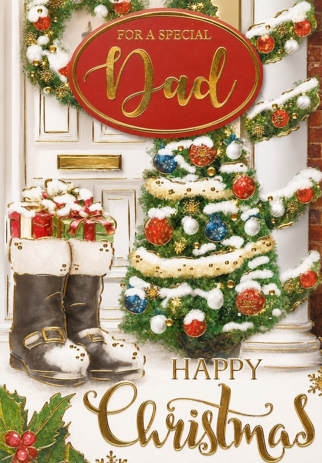 Made To Be Treasured Christmas card for Dad with a festive door, tree, gifts in Santa boots, and gold foiled lettering.