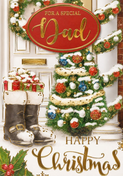 Made To Be Treasured Christmas card for Dad with a festive door, tree, gifts in Santa boots, and gold foiled lettering.