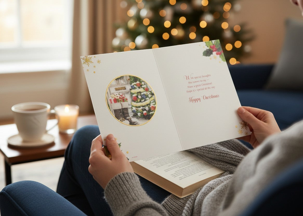 Made To Be Treasured Christmas card for dad featuring a festive tree and gifts design with gold foil accents.