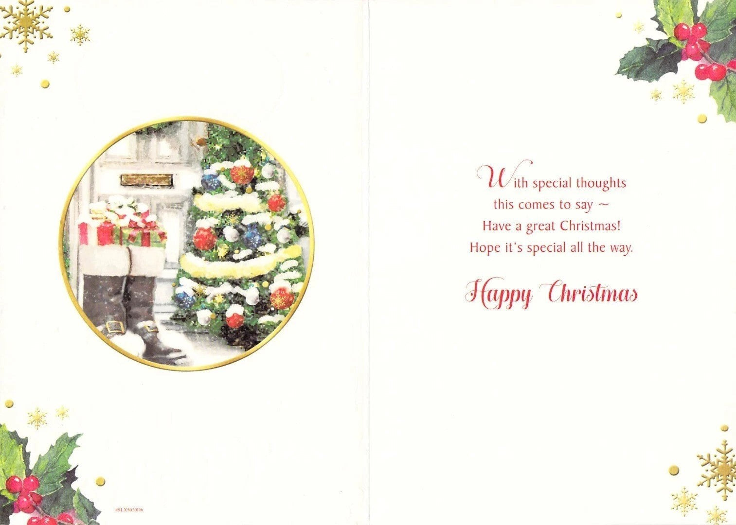 Made To Be Treasured Christmas card for dad featuring a decorated tree, gifts, and boots by a door. Gold foil accents.