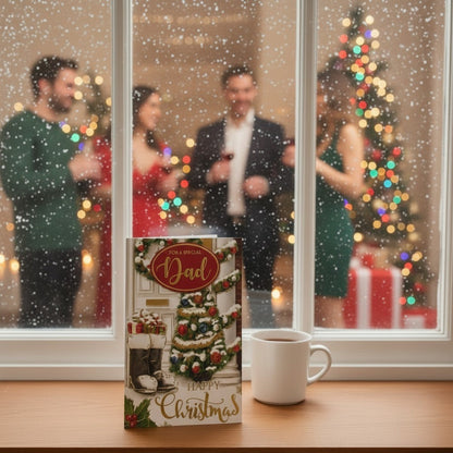 Made To Be Treasured Christmas card for Dad featuring a decorated tree, boots, and gold foiled text. Approx 13x19cm.