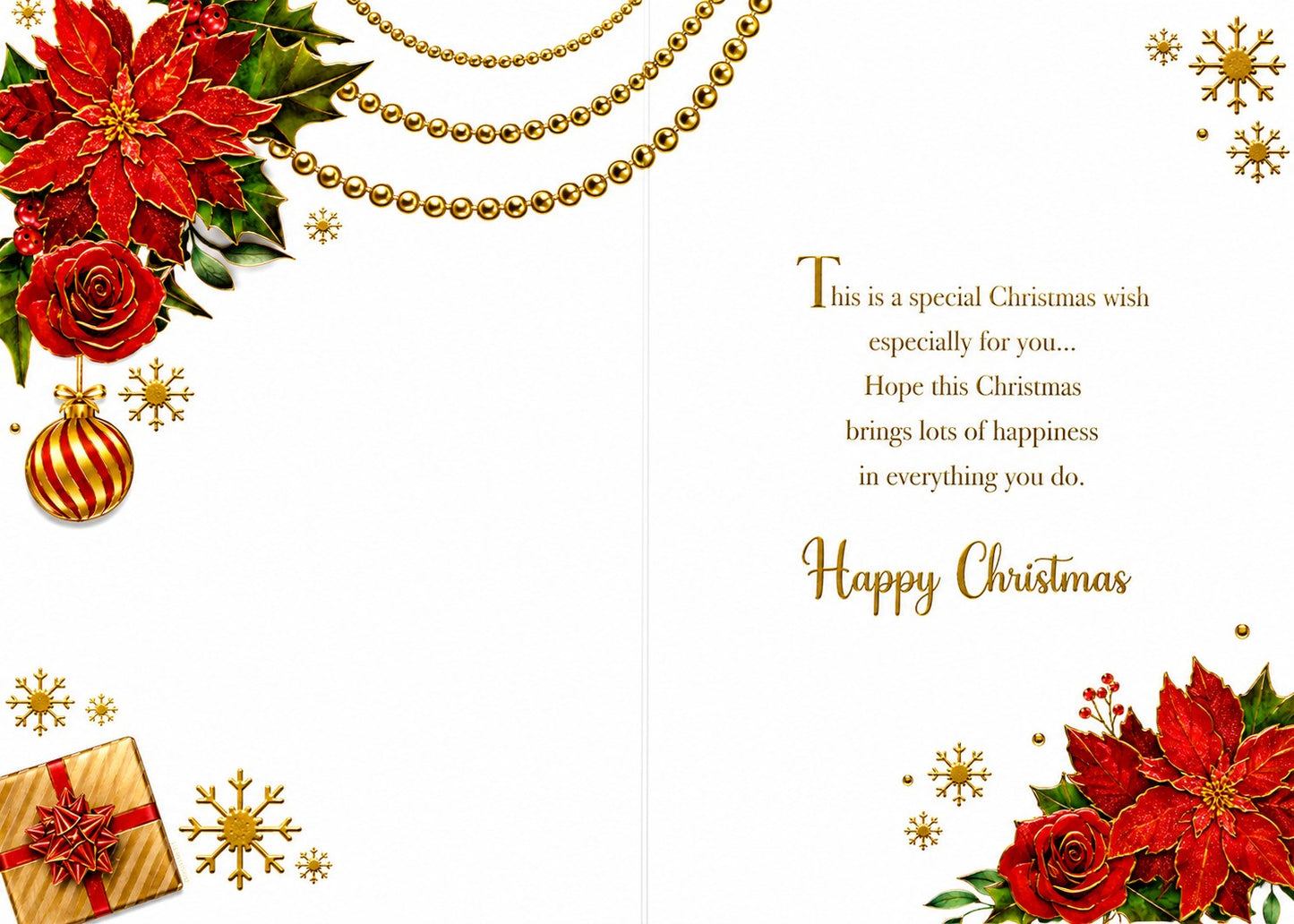 Made To Be Treasured Christmas card for daughter with red poinsettias, roses, gold baubles, snowflakes and gold foil text.