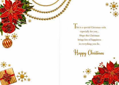 Made To Be Treasured Christmas card for daughter with red poinsettias, roses, gold baubles, snowflakes and gold foil text.