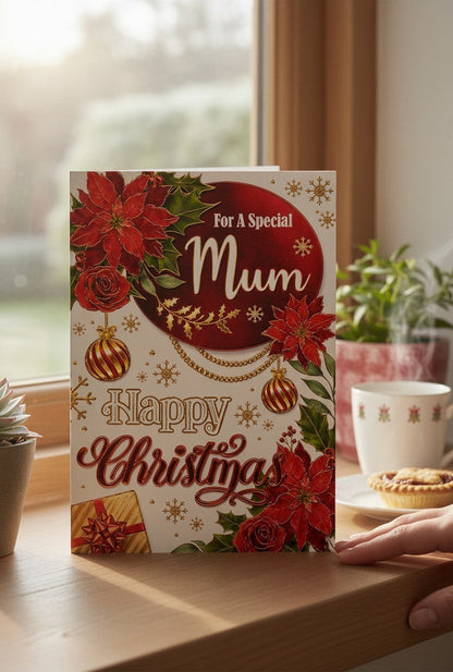 Made To Be Treasured Christmas card for Mum with red poinsettias, gold baubles, holly and gold foil writing.
