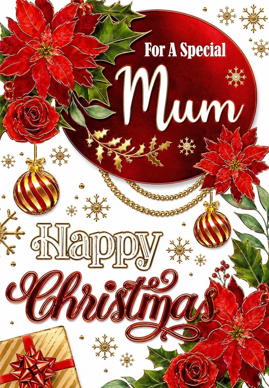 Made To Be Treasured Christmas card for a special Mum with red poinsettias, roses, gold accents, and baubles.