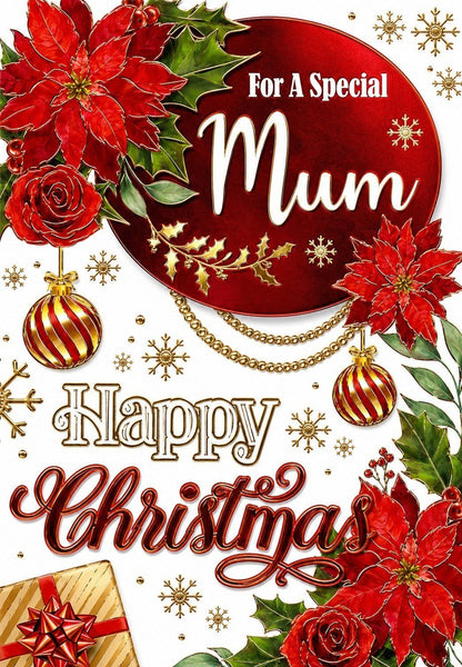 Made To Be Treasured Christmas card for a special Mum with red poinsettias, roses, gold accents, and baubles.