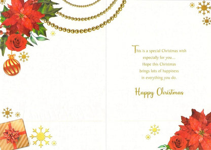 Made To Be Treasured Christmas card for Mum with red poinsettias, roses, gold beads, bauble and gift.