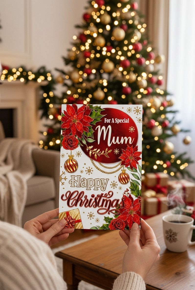 Made To Be Treasured Christmas card for Mum with red poinsettias, roses, gold accents, and festive baubles.