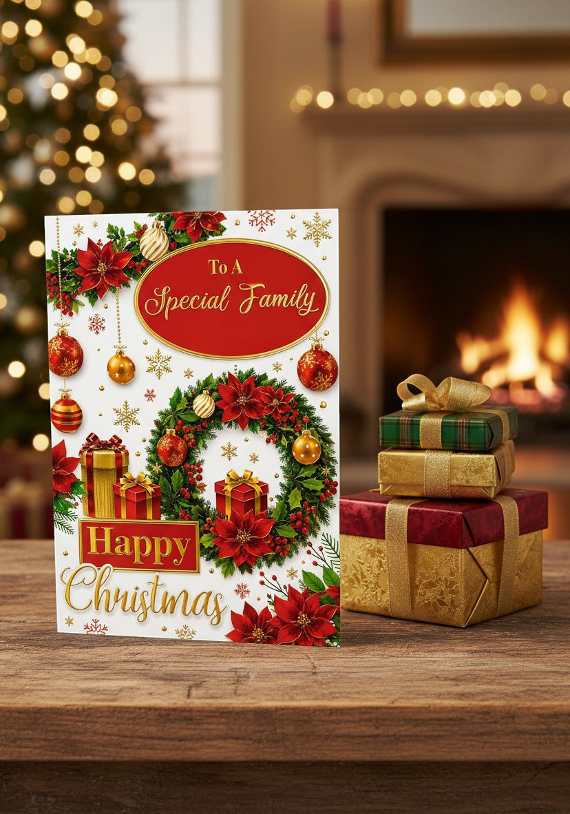 Made To Be Treasured traditional Christmas card with wreath, poinsettias, ornaments, and gold foil. Reads 'To A Special Family Happy Christmas'.