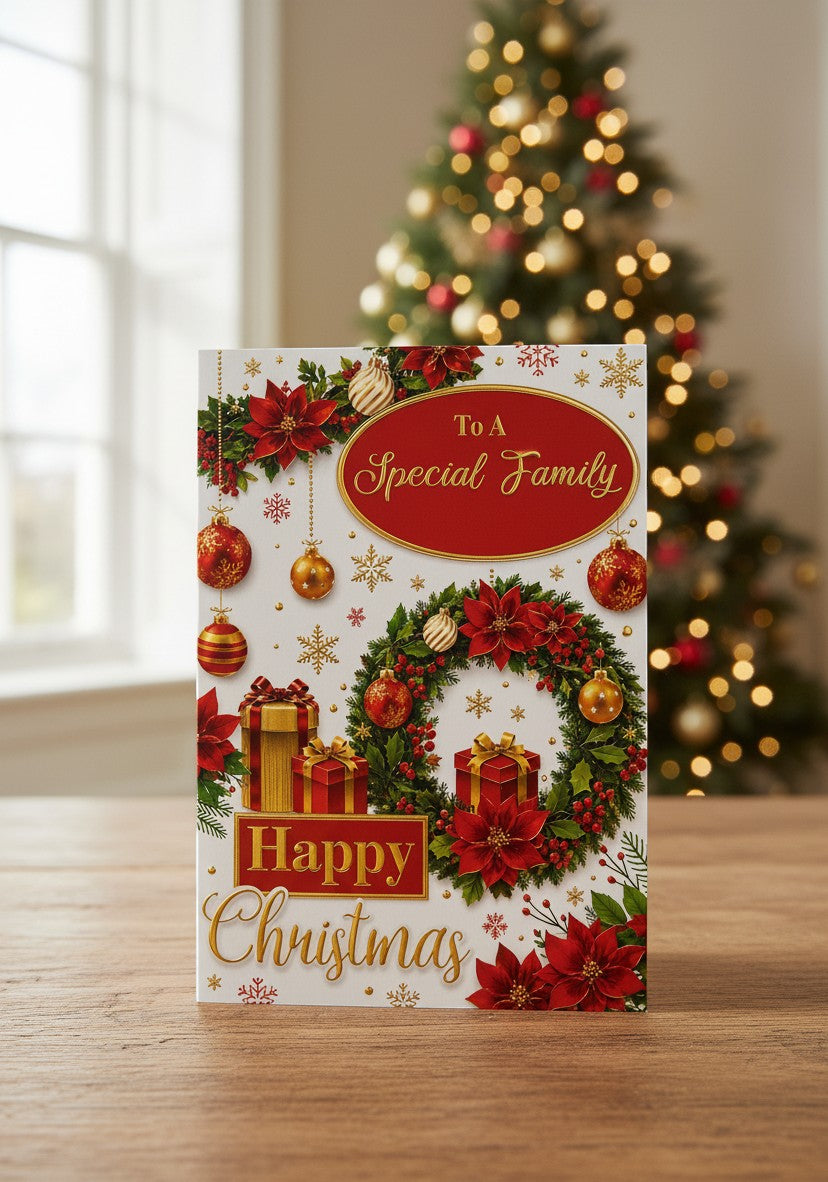 Made To Be Treasured Special Family Christmas card with wreath, poinsettias, ornaments, and gold foil. Reads 'To A Special Family Happy Christmas'.