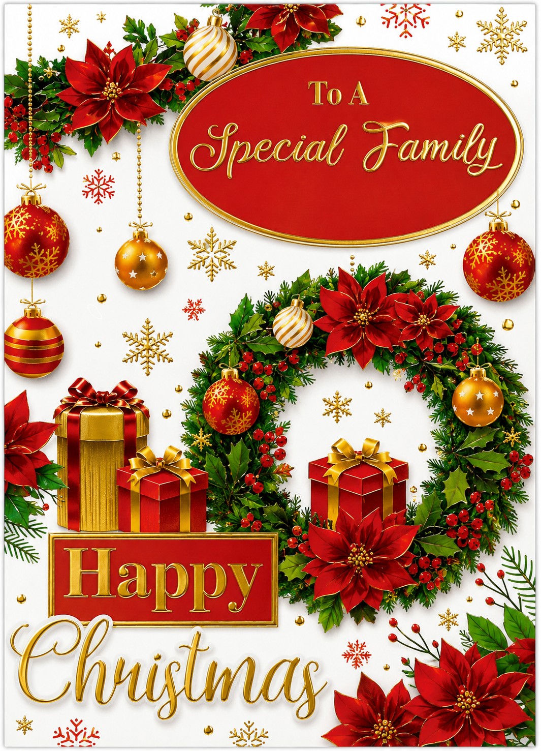 Made To Be Treasured traditional Christmas card with wreath, poinsettias, ornaments, and gold foil. Reads 'To A Special Family Happy Christmas'.
