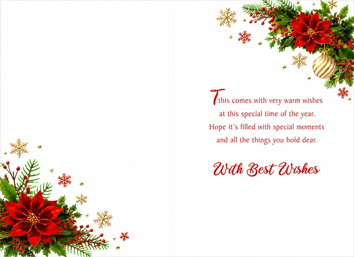 Made To Be Treasured traditional Christmas card with red poinsettias, holly, pine sprigs, gold snowflakes, and bauble.