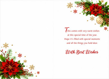 Made To Be Treasured traditional Christmas card with red poinsettias, holly, pine sprigs, gold snowflakes, and bauble.