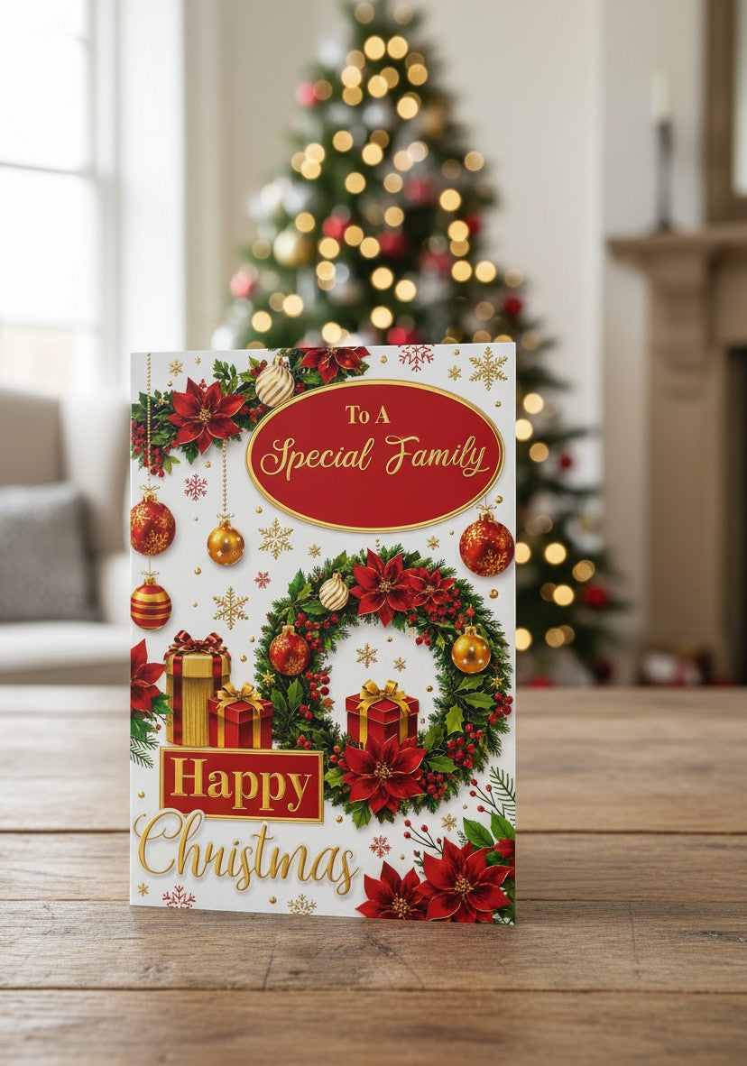 Made To Be Treasured traditional Christmas card with wreath, poinsettias, baubles, and gifts. Gold foil accents.