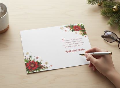 Made To Be Treasured traditional Christmas card with wreath, poinsettia, ornaments, and gold foil. Reads 'With Best Wishes'.