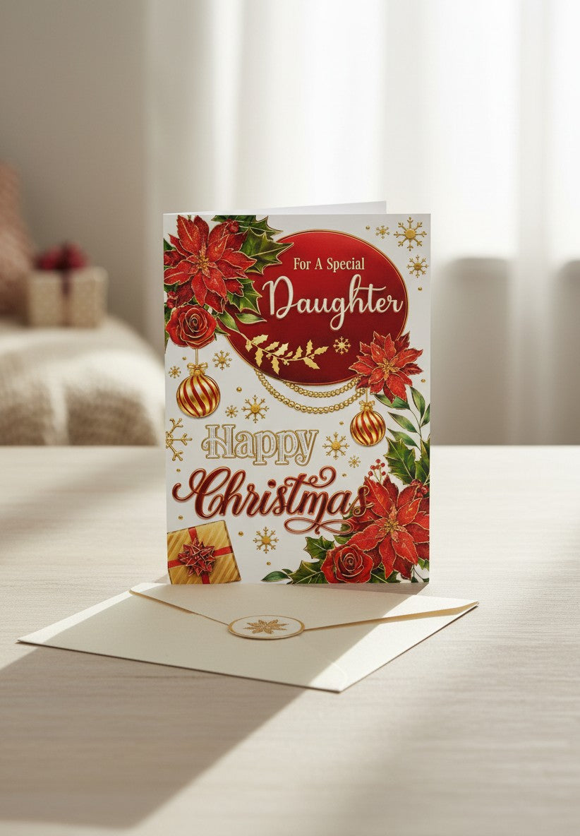 Made To Be Treasured Christmas card for daughter with poinsettias, baubles, and gold foil accents.