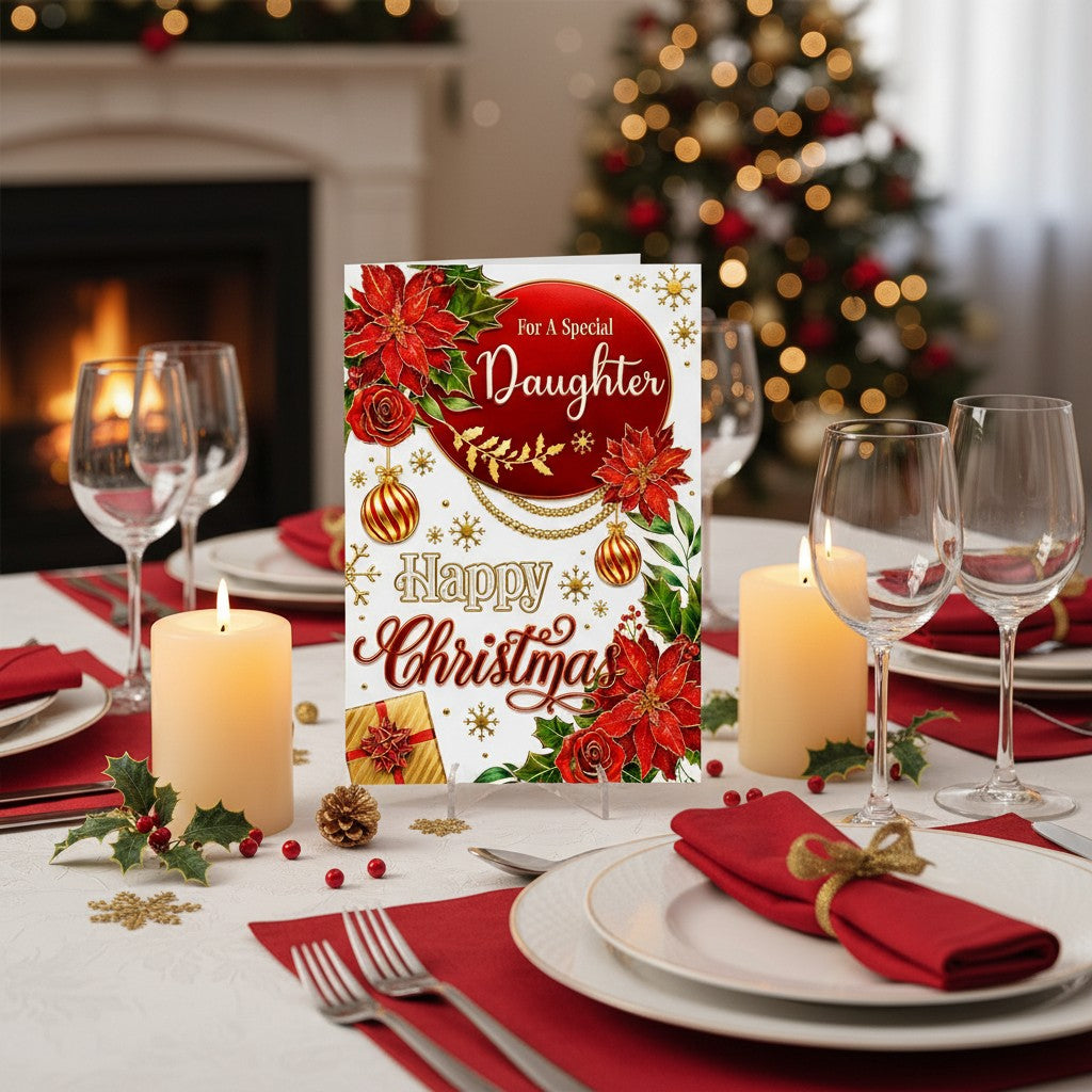 Made To Be Treasured Christmas card for daughter with poinsettias, roses, baubles, and gold foil accents.