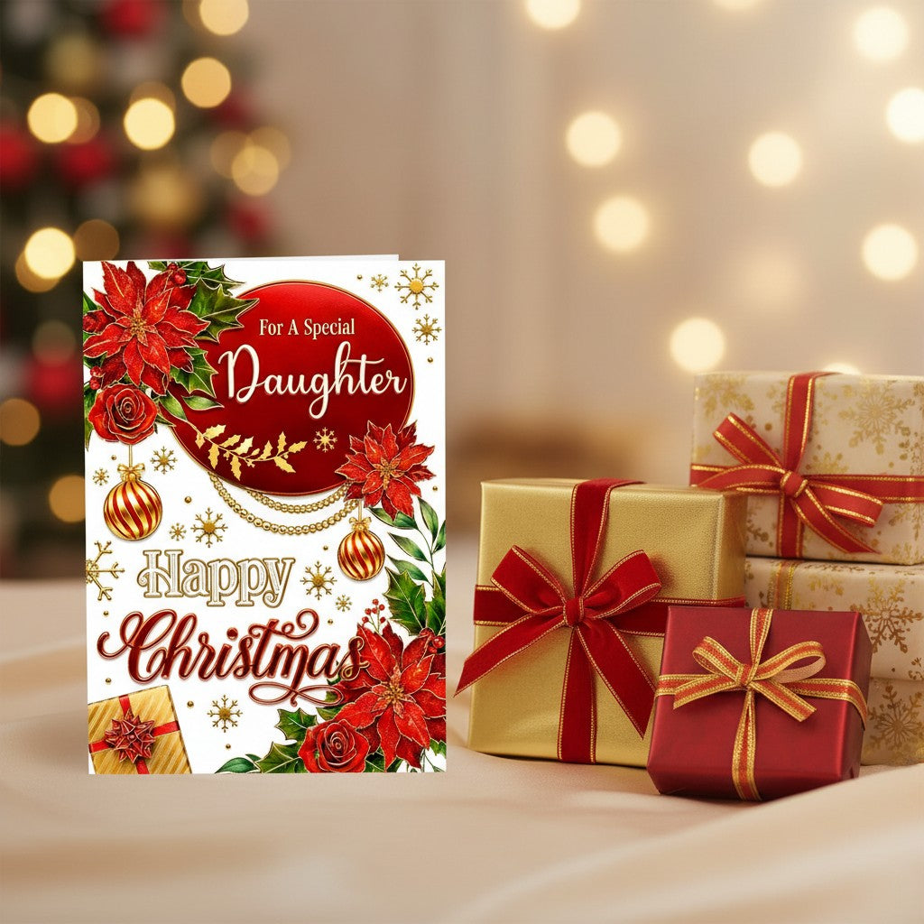 Made To Be Treasured Christmas card for daughter with poinsettias, baubles, and gold foil accents.