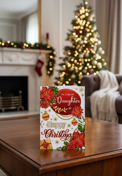 Made To Be Treasured Christmas card for daughter with red poinsettias, baubles, and gold foil accents.