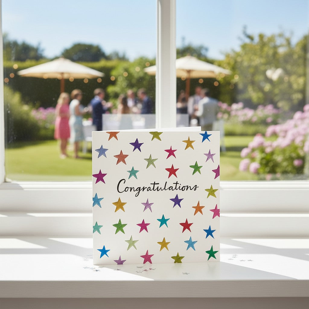 Made To Be Treasured congratulations card with colourful stars design and 'Congratulations' text. Blank inside.