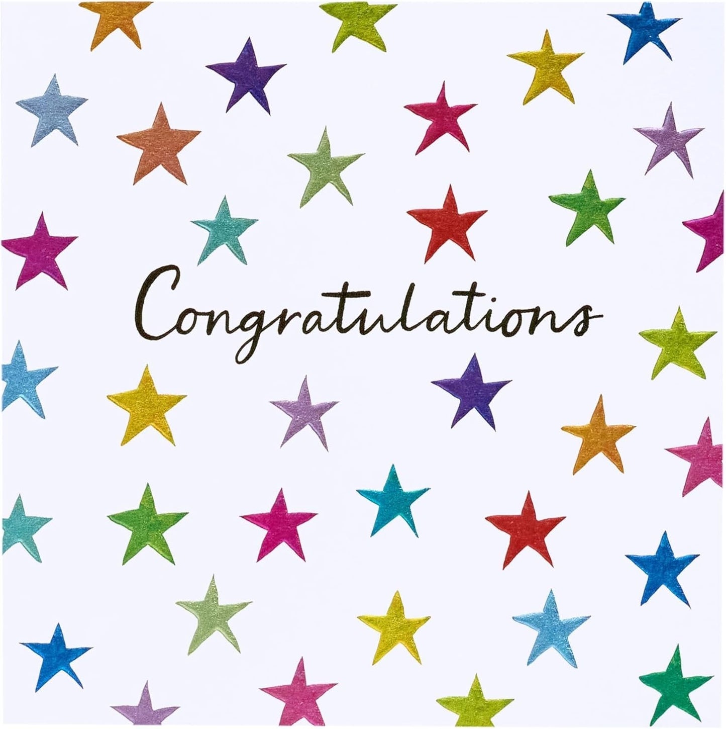 Made To Be Treasured congratulations card with colourful stars and text. Blank inside.